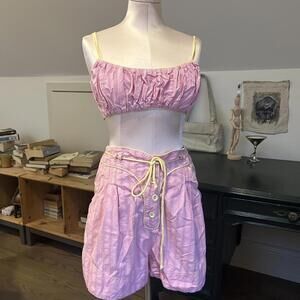 free people pink stripe top & shorts set with yellow detailing